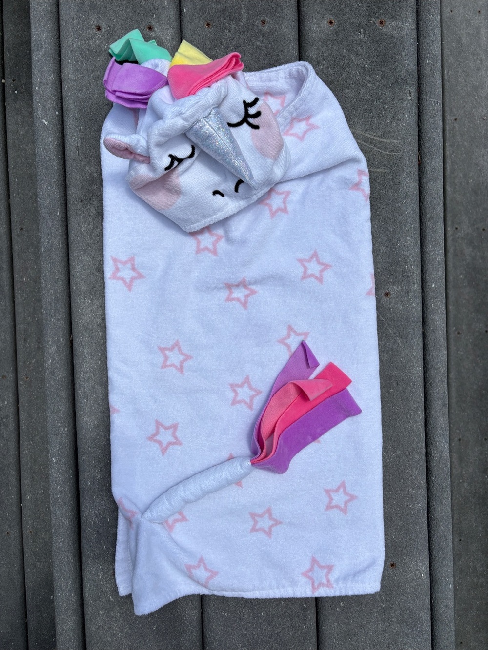 Kids White & Pink Star Hooded Bath Towel with Sparkle Unicorn, Shower, 4’ x 2’